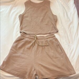 Tan Ribbed Tank Top and Shorts Set
